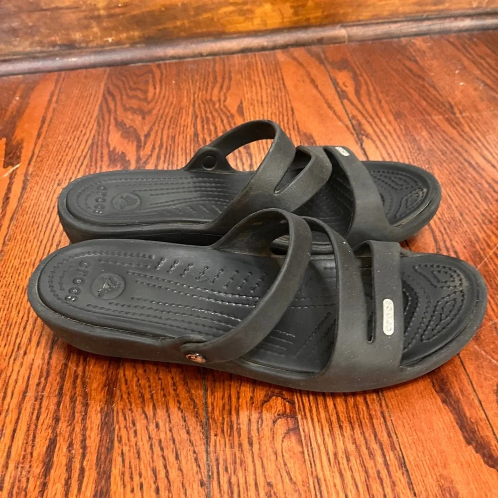 Crocs Patricia Wedge Sandals Womens Size 10 Black Multi Strap Slip On Slides